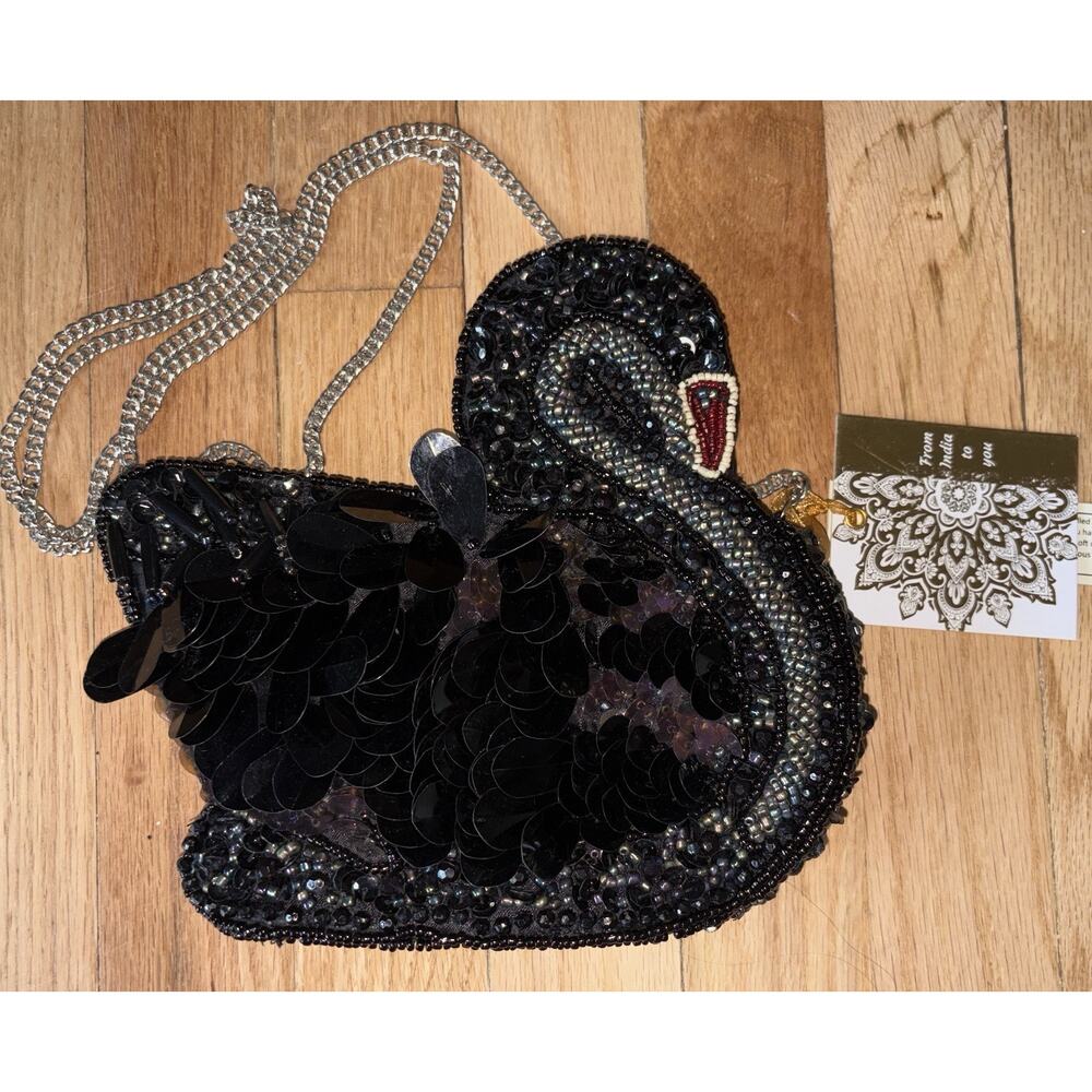 Viral Beaded BLACK SWAN Crossbody Bag Clutch Purse Handmade in India NWT